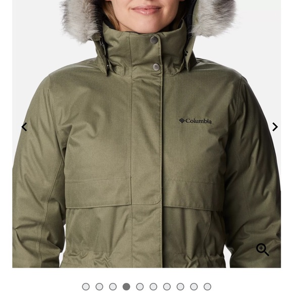 Columbia Women’s Apres Arson Winter Long Down Jacket. Color: Stone Green - Picture 4 of 6